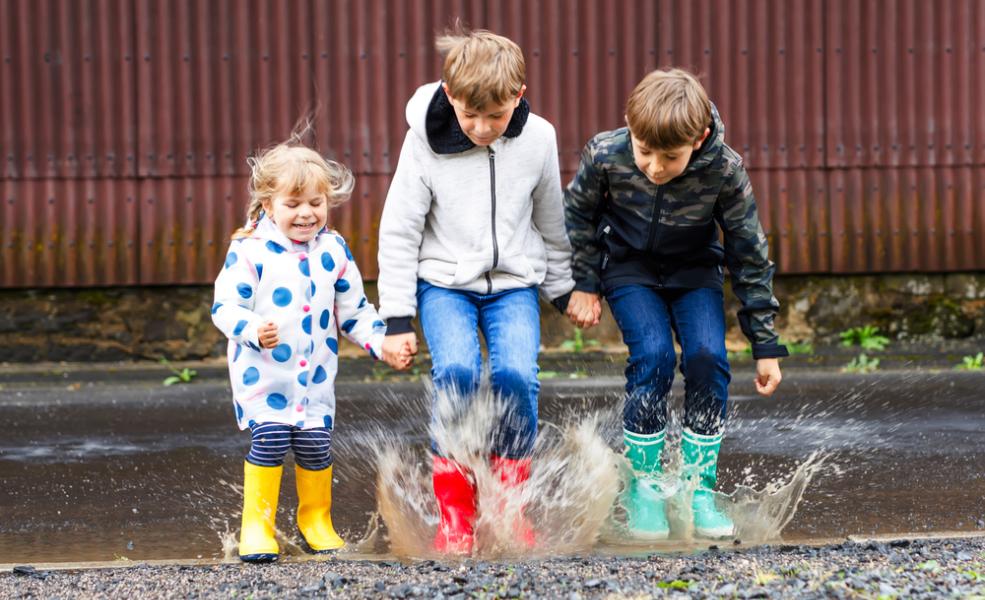 Children jumping in puddles